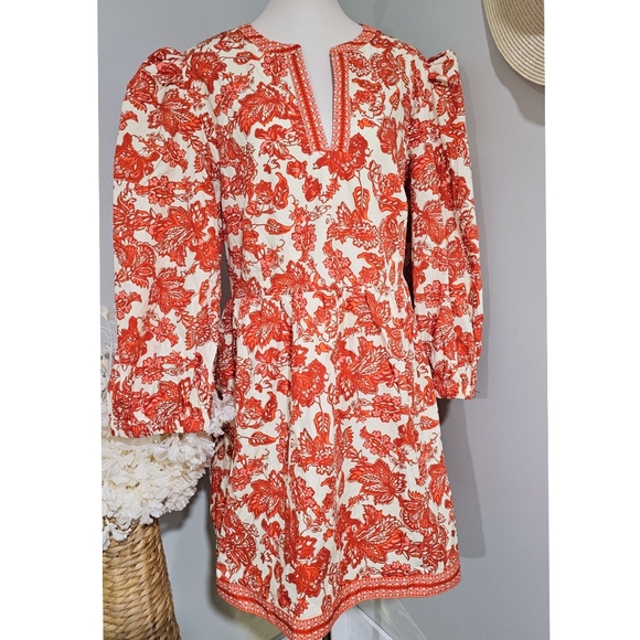 Avara Dresses & Skirts - Avara Malanie Orange Allover Floral Print Cotton Puff Sleeve Fall Dress